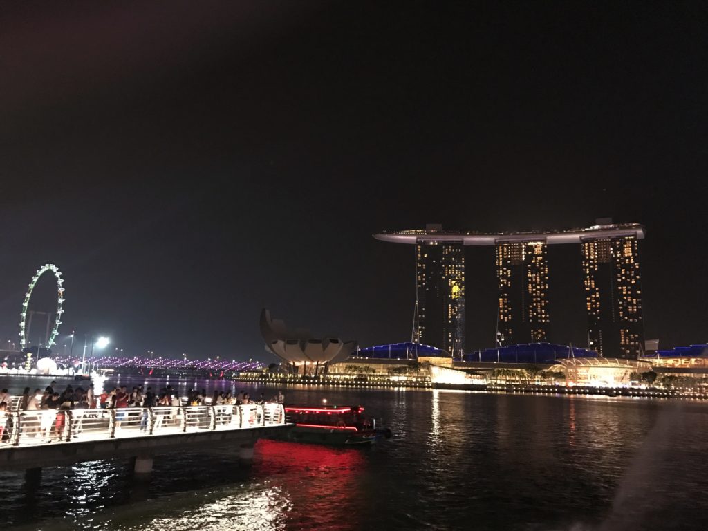 Singapur gezi rehberi yazısında yer alan şehirdeki önemli yapıların gece karanlığında çekilmiş bir görüntüsü.