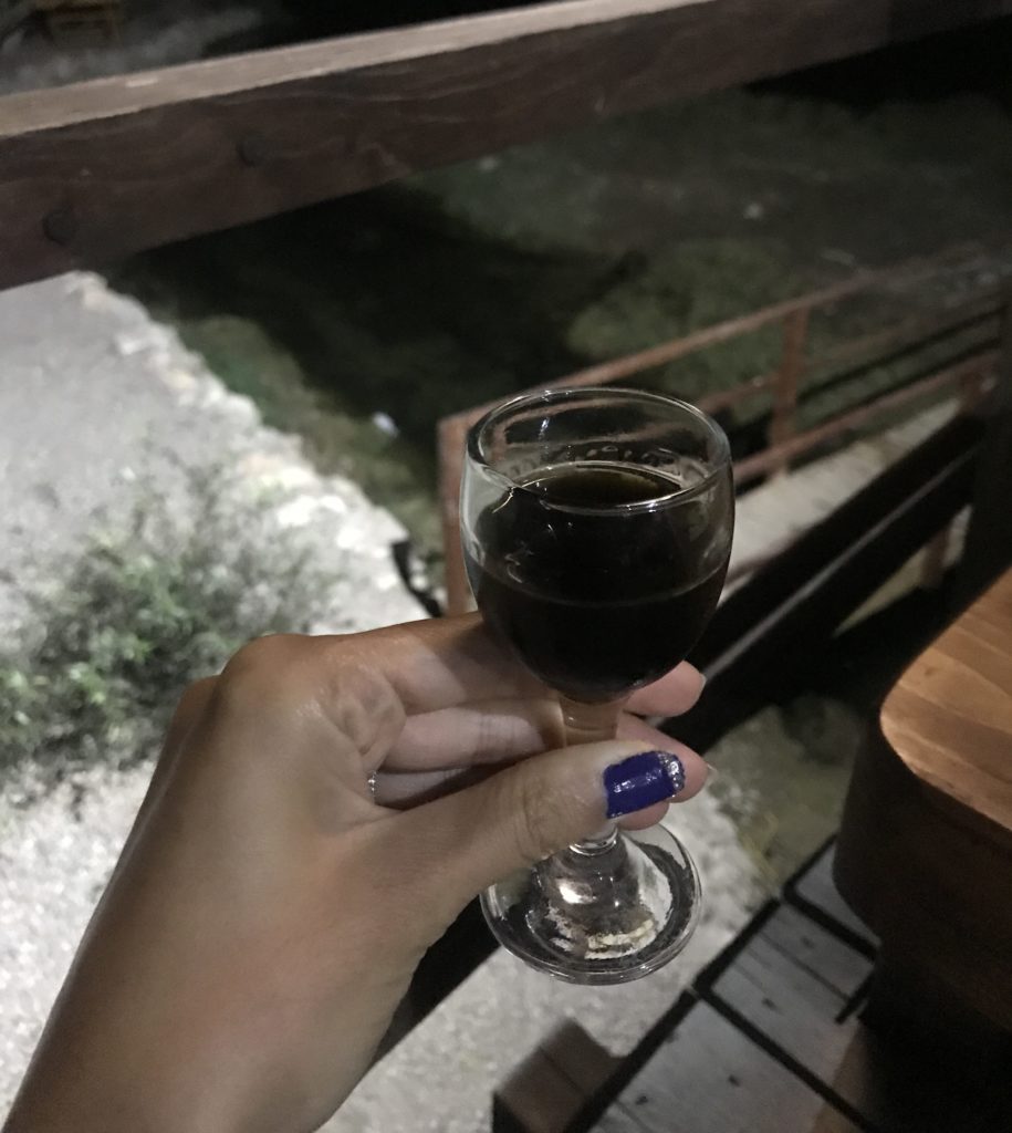 Elinde tuttuğu minik bir kadeh ve kadehin içindeki vişne rakijanın görüntüsü.